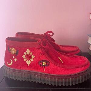 Red Suede Embroidered Ankle Boots